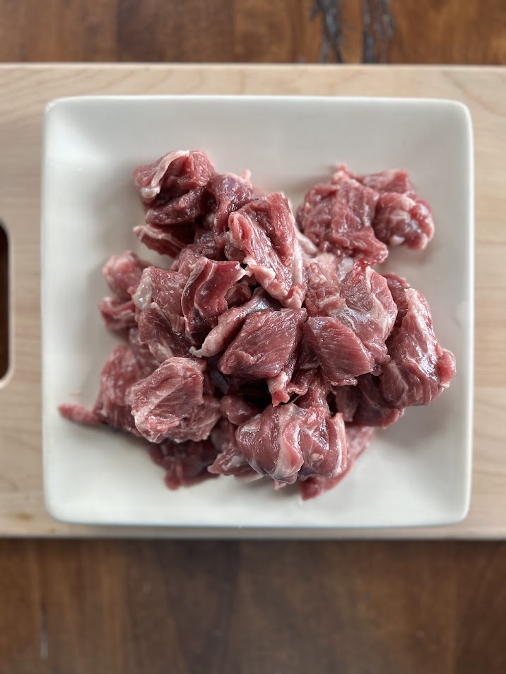Vacuum-sealed package of pasture-raised stew beef from Clover Leaf Farm, SC