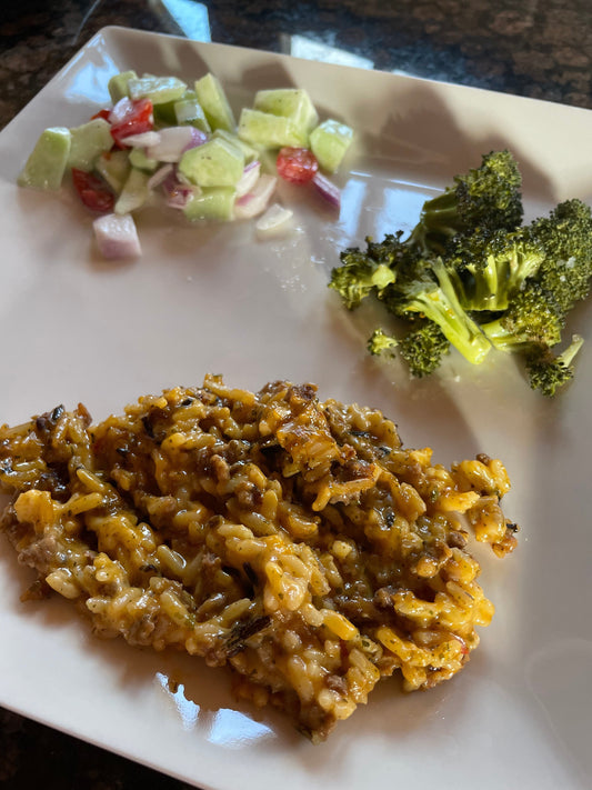 Cheesy Beef Sausage and Wild Rice Casserole