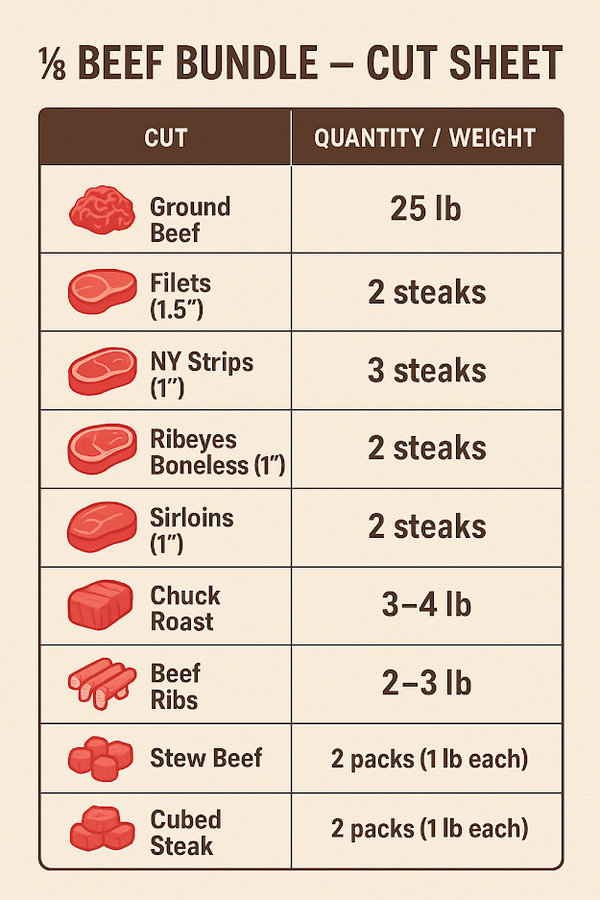 1/8 Beef Bundle - Local Farm-Raised Bulk Beef, Set Price & Set Cuts ...